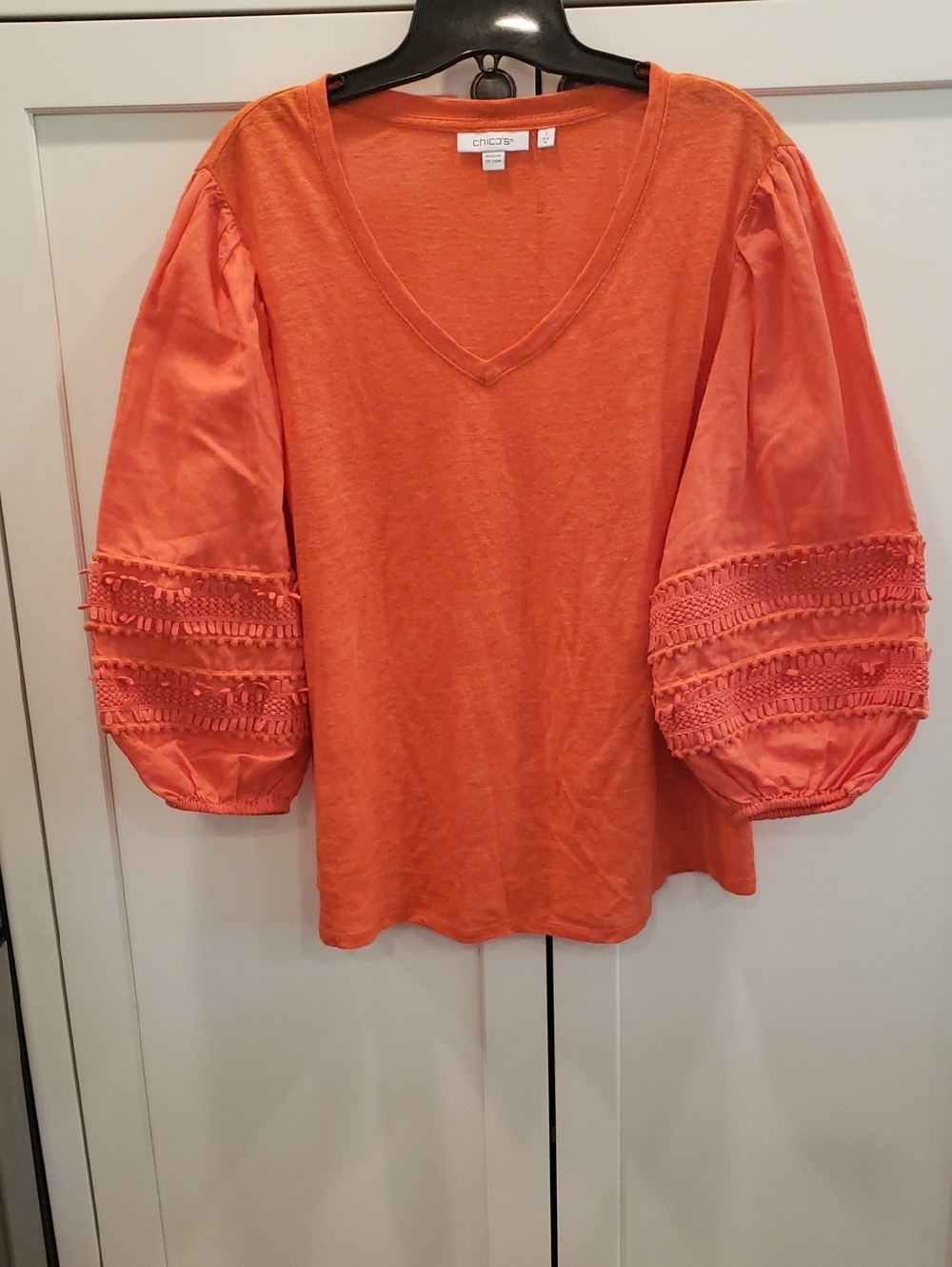 Chico's Coral-Orange V-Neck Puff Sleeve Blouse